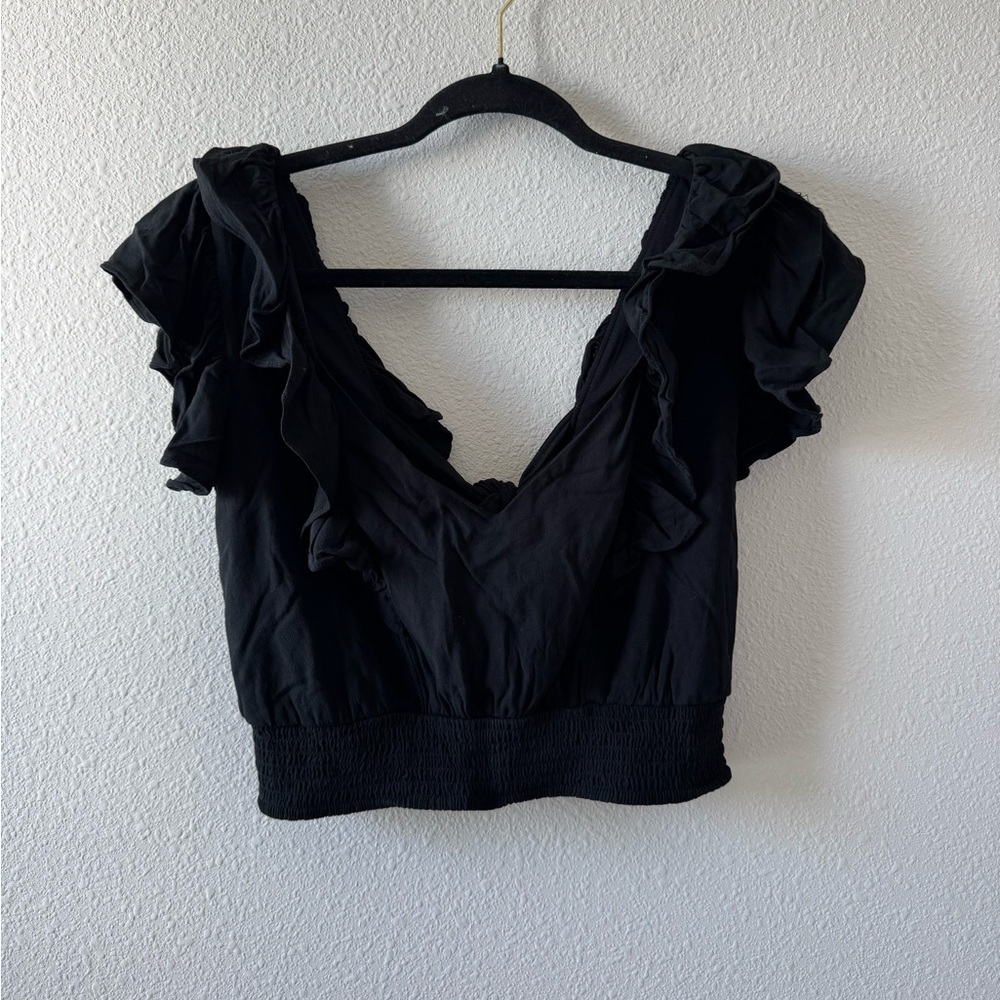 Express Black Ruffled Crop Top - Picture 2 of 3